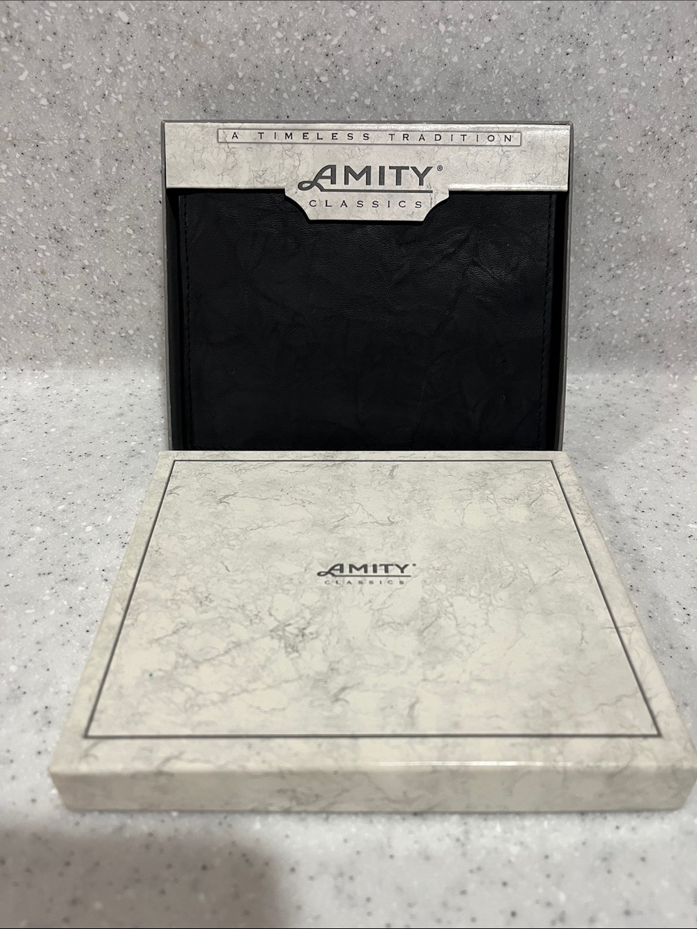 Vtg Amity Classics Black Genuine Leather Embossed Logo Bifold Wallet NIB